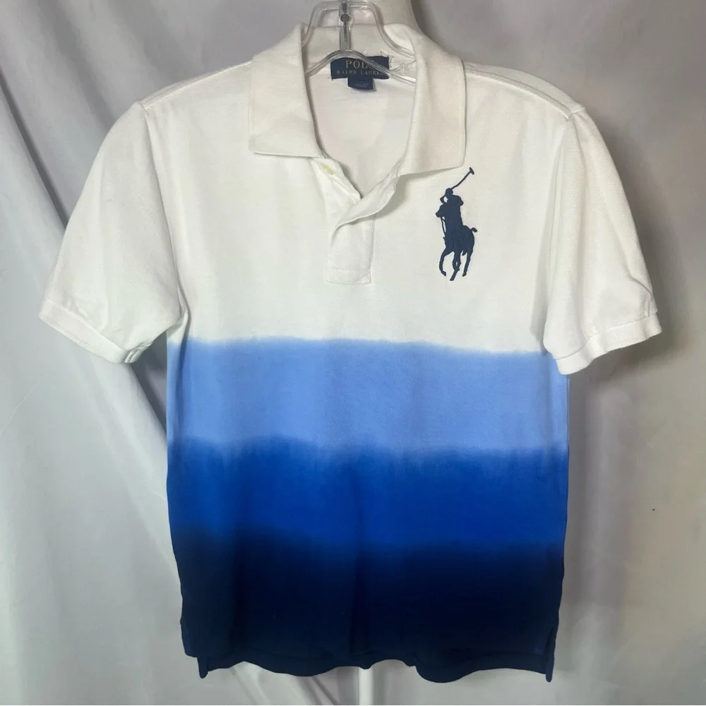 Polo Ralph Lauren Kids Dip‎ Dyed Ombre Pique Polo Shirt White & Blue Sz M (8-10)